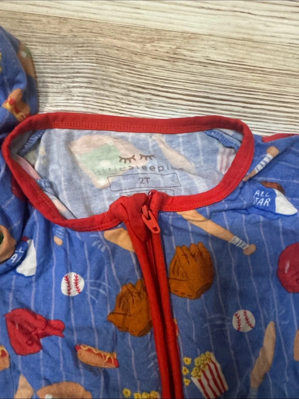 Little Sleepies Blue Footed Baseball-Print One-Piece Pajamas with Red Trim